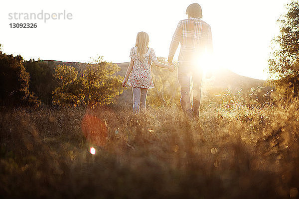 Rückansicht von Vater und Tochter beim Spaziergang auf einem Grasfeld an einem sonnigen Tag