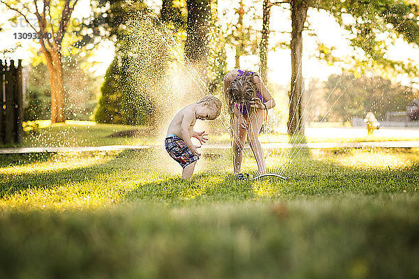 Fröhliche Geschwister spielen im Garten mit Wasser