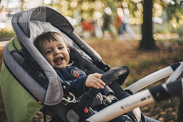 Porträt eines fröhlichen Kleinkindes  das im Herbst auf einem Kinderwagen im Park liegt