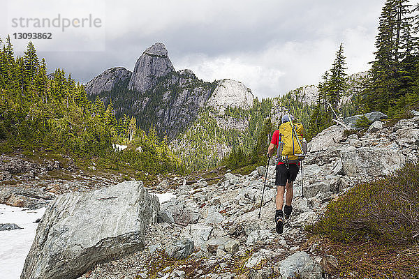Rückansicht eines Wanderers mit Rucksack beim Wandern gegen Berge im Wald