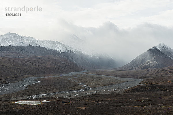 Panoramablick auf das Gebirgstal im Denali-Nationalpark und -Schutzgebiet bei nebligem Wetter