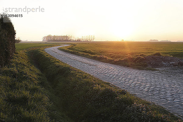 Leere gepflasterte Straße mitten auf dem Feld bei Sonnenaufgang