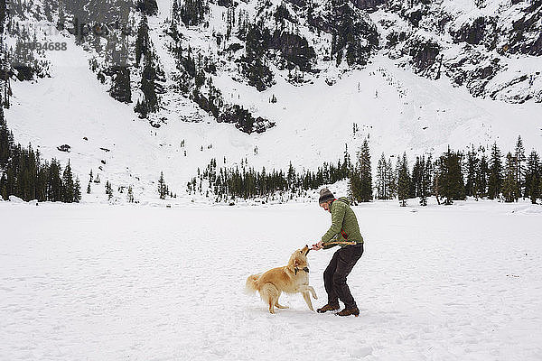 Glücklicher Mann spielt mit Golden Retriever auf schneebedecktem Feld