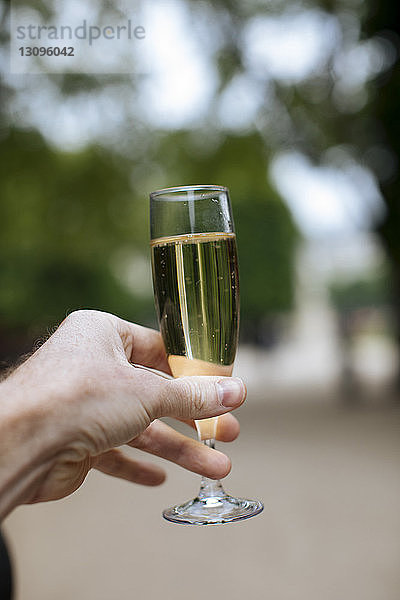 Abgehackte Hand eines Mannes mit Champagnerflöte im Park