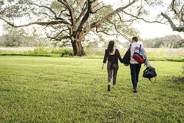 Rückansicht eines Paares  das sich beim Spaziergang auf einem Grasfeld im Park an den Händen hält