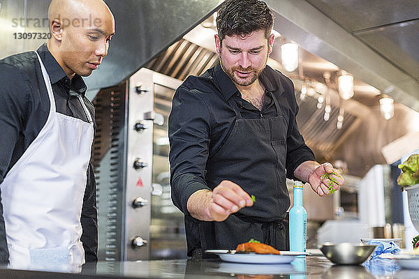 Männliche Köche garnieren Essen an der Küchentheke im Restaurant