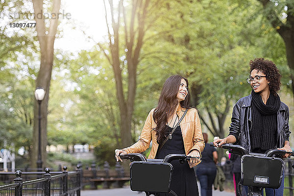 Freunde unterhalten sich beim Gehen mit dem Fahrrad auf dem Fußweg