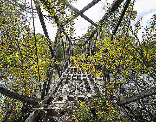 Verlassene Brücke über einen Fluss im Wald