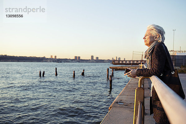 Seitenansicht einer älteren Frau  die auf dem Meer an einer Reling lehnt