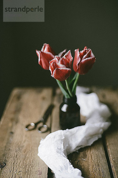 Nahaufnahme von frischen Tulpen in der Flasche mit Schere und Textil auf Holztisch