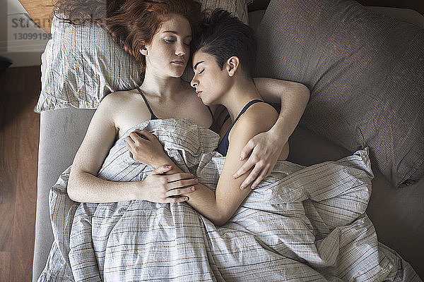 Draufsicht auf Lesben  die zu Hause auf dem Bett schlafen
