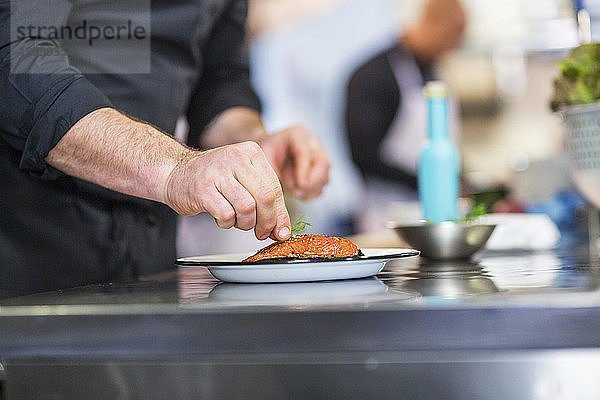 Mittelteil des Küchenchefs beim Garnieren von Speisen  während ein Mitarbeiter im Hintergrund im Restaurant arbeitet