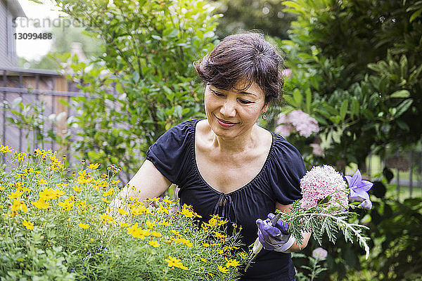 Ältere Frau hält Blumen während der Gartenarbeit im Hinterhof