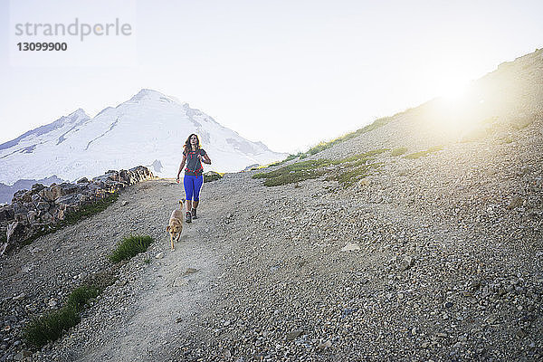 Wanderin mit Hund geht am sonnigen Tag auf Berg gegen klaren Himmel