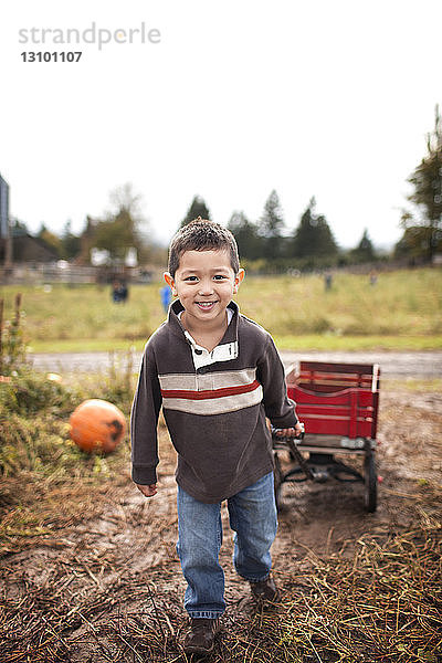 Porträt eines glücklichen Jungen  der den Wagen auf dem Feld zieht