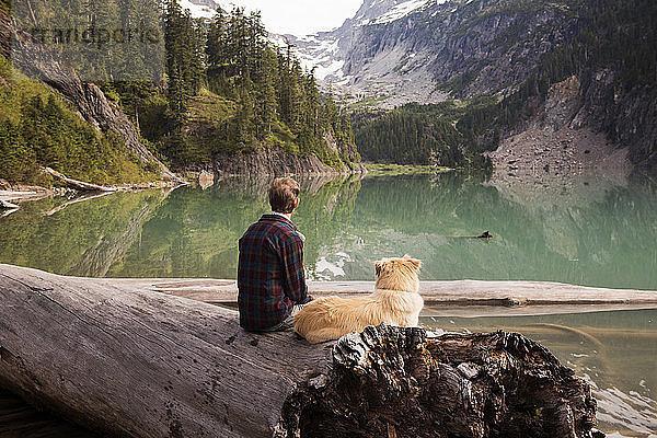 Rückansicht von Mensch und Hund auf umgestürztem Baum am Blanca-See sitzend