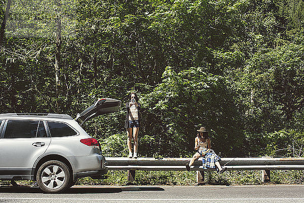 Freundinnen auf einem Geländer im Auto gegen Bäume bei Sonnenschein