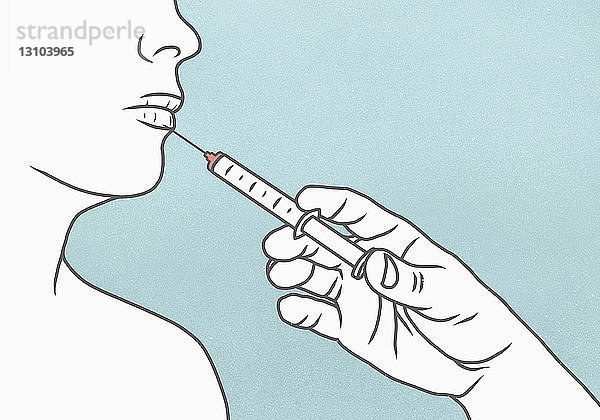 Detail der Hand  die eine Spritze benutzt  um eine Injektion in die Lippen einer Frau vorzunehmen