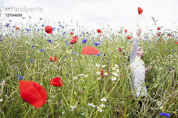 Mädchen spielt in einem Feld mit Wildblumen