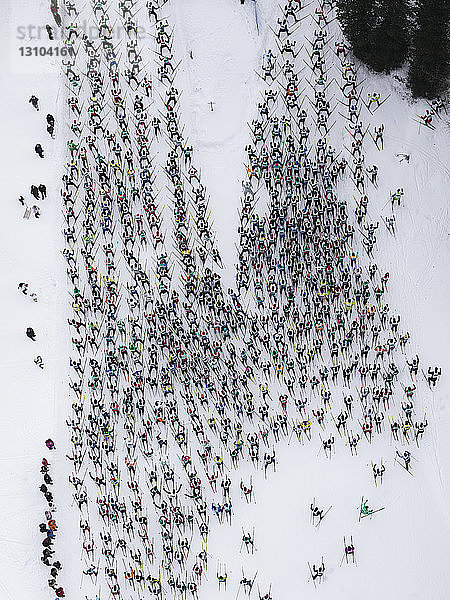 Luftaufnahme große Gruppe von Skifahrern auf verschneiter Piste  St. Moritz  Schweiz