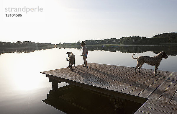 Mädchen und Hunde auf einem Steg am See