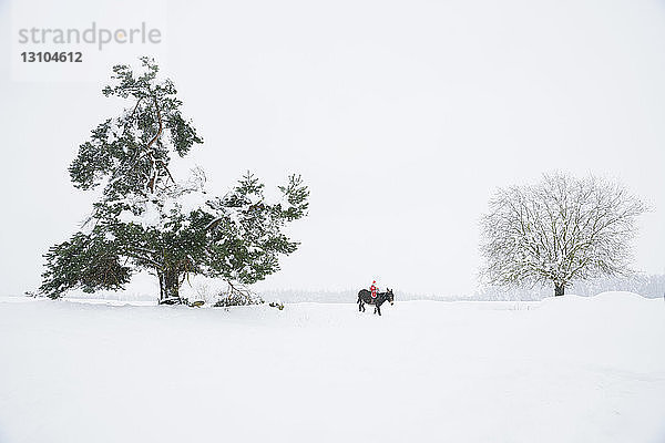Mädchen reitet auf einem Esel in einem verschneiten  ländlichen Feld