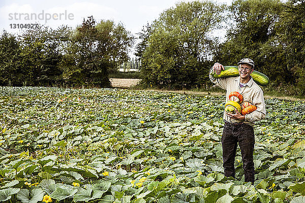 Lächelnder Landwirt steht auf einem Feld und hält eine Auswahl frisch geernteter Kürbisse in der Hand.