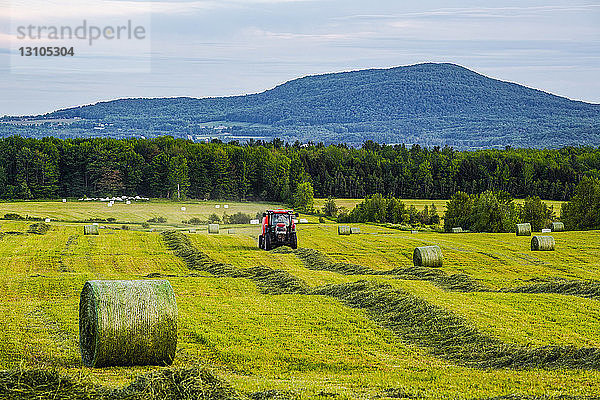 Heuballenpressen auf einem grünen Feld; Shefford  Quebec  Kanada