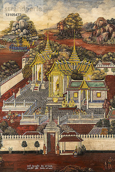 Goldene Pagoden in den Wandmalereien des Wat Phra Kaew  Großer Palast; Bangkok  Thailand