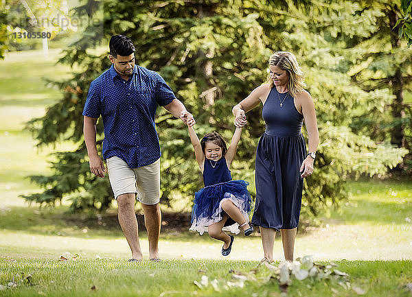 Eine Mutter und ein Vater in einer gemischtrassigen Ehe gehen spazieren und schwingen ihr kleines Mädchen in der Luft während eines Familienausflugs in einem Park an einem warmen Herbsttag; Edmonton  Alberta  Kanada
