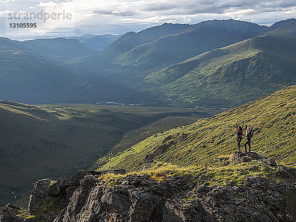 Zwei Frauen erkunden die Berge und die Wildnis des Yukon. Sie fühlen sich lebendig und dynamisch in der wunderschönen Landschaft um Haines Junction; Yukon  Kanada