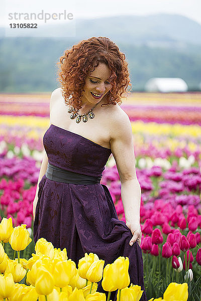 Eine Frau in einem formellen Kleid geht durch ein Tulpenfeld; Abbotsford  British Columbia  Kanada