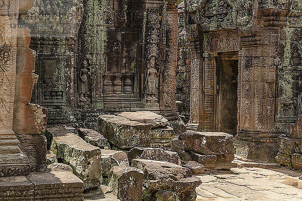 Heruntergefallene Blöcke verunreinigen den Innenhof neben dem Tempeleingang  Angkor Wat; Siem Reap  Provinz Siem Reap  Kambodscha