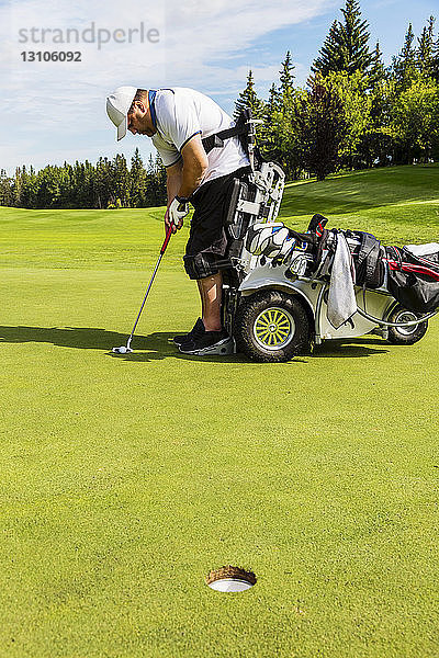 Ein körperlich behinderter Golfer  der seinen Schlag vorbereitet  bevor er den Ball auf dem Grün platziert und einen speziellen motorisierten Hydraulikrollstuhl zur Golfunterstützung benutzt; Edmonton  Alberta  Kanada