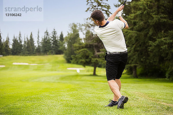 Ein männlicher Golfer  der einen Golfball auf dem Fairway eines Golfplatzes abschlägt  während der Ball in der Luft ist; Edmonton  Alberta  Kanada