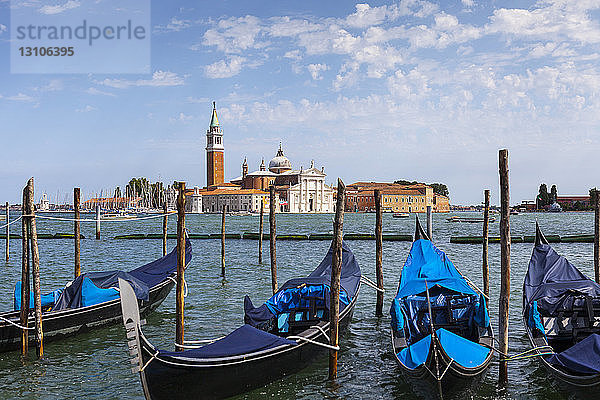 Gondeln in Venedig  festgemacht gegenüber San Giorgio Maggiore; Venedig  Italien
