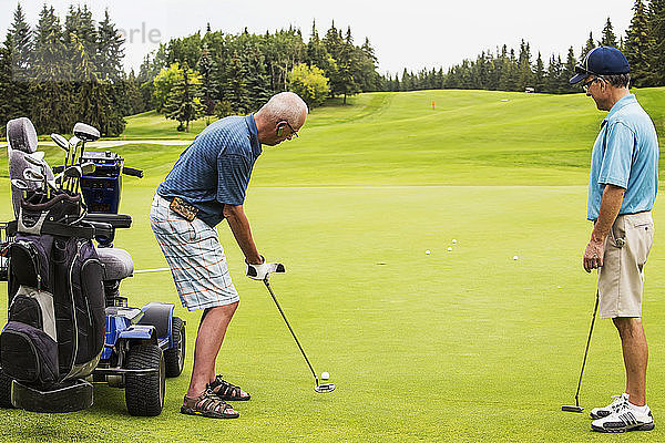 Ein nichtbehinderter Golfer bildet ein Team mit einem behinderten Golfer  der einen speziellen elektrischen Golfrollstuhl benutzt  und spielt gemeinsam auf einem Golfplatz den besten Ball; Edmonton  Alberta  Kanada