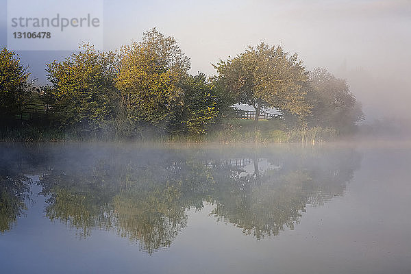 Nebel über einem See an einem Herbstmorgen; Moulin de Boiron  Belgien