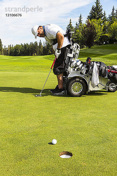 Ein körperlich behinderter Golfer  der einen Ball auf ein Golfgrün schlägt und einen speziellen motorisierten Hydraulikrollstuhl zur Golfunterstützung benutzt; Edmonton  Alberta  Kanada