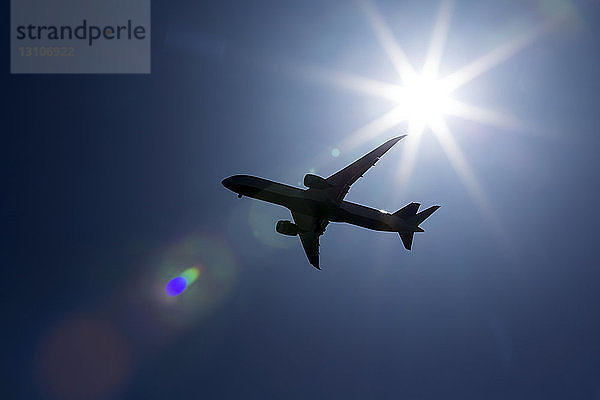 Silhouette eines Flugzeugs vor einem Sonnenaufgang und blauem Himmel; Calgary  Alberta  Kanada