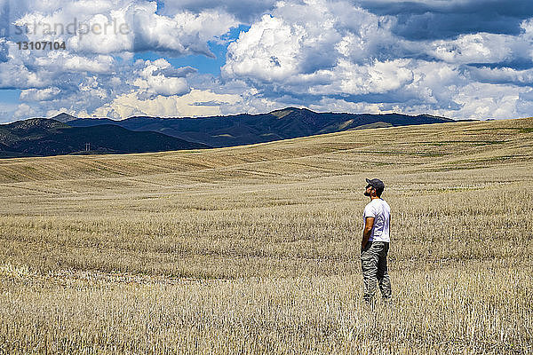 Stehend auf einem weiten Farmfeld mit Blick in die Berge; Utah  Vereinigte Staaten von Amerika