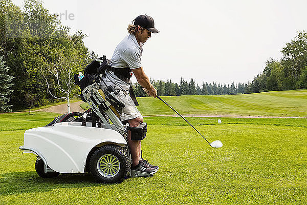 Ein körperlich behinderter Golfer  der einen Ball auf einem Golfplatz schlägt und einen speziellen motorisierten Hydraulikrollstuhl zur Golfunterstützung benutzt; Edmonton  Alberta  Kanada