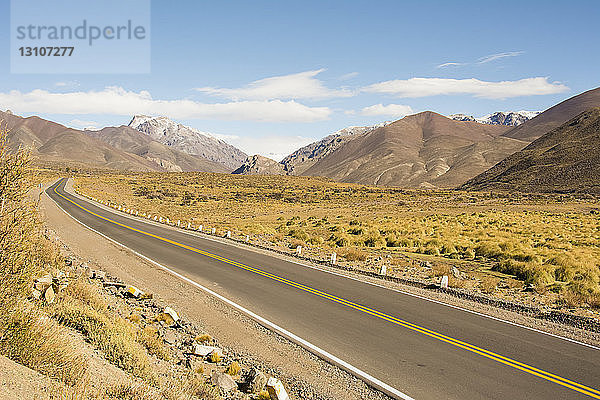 Eine Straße führt das Auge durch Wüste und schneebedeckte Berge; Malargue  Mendoza  Argentinien