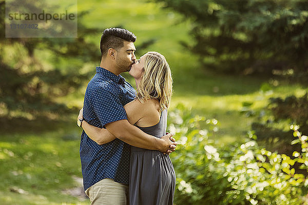 Ein gemischtrassiges Ehepaar hält an einem warmen  sonnigen Nachmittag in einem Stadtpark an  um sich zu küssen; Edmonton  Alberta  Kanada