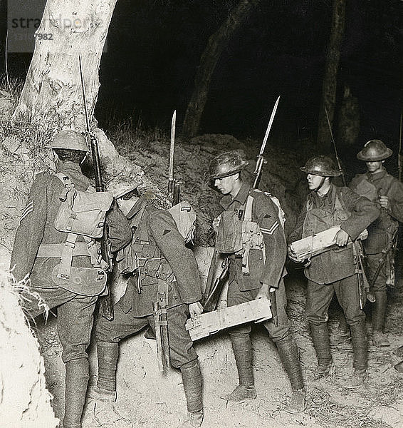 Stereoview WW1  The Great War Realistic Travels Military photographs circa 1918.British troops leaving by by a sap on a night operation to ent off the huns (Germans) holding on Villers-Brentonneux