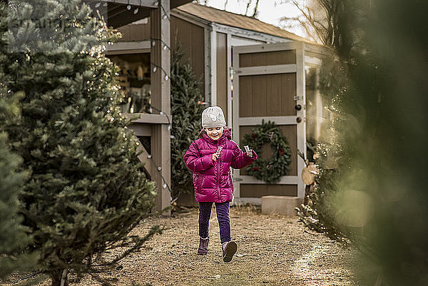 Fröhliches Mädchen hält Zuckerstangen und geht im Hof an Weihnachtsbäumen vorbei