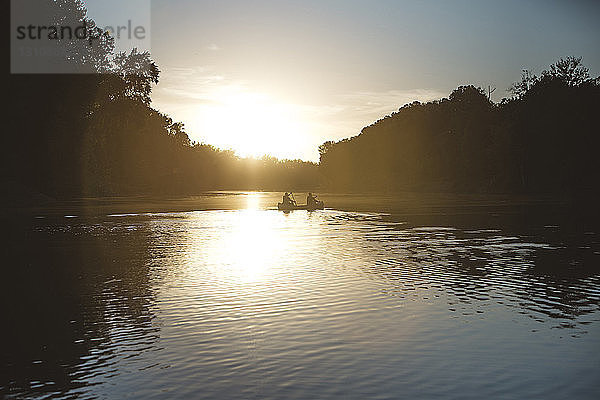 Mitteldistanzansicht der Silhouette männlicher Freunde  die bei Sonnenuntergang auf dem See gegen den Himmel rudern