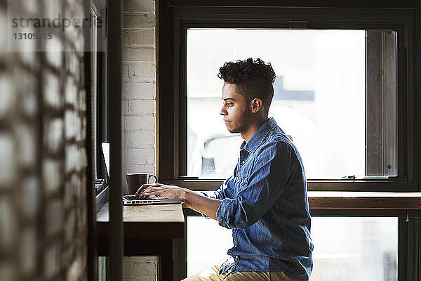 Seitenansicht eines ernsthaften Mannes  der einen Laptop benutzt  während er an den Fenstern eines Cafés sitzt