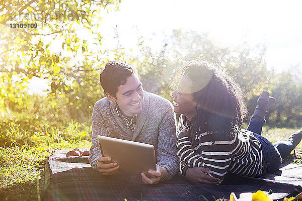 Fröhliches Paar  das einen Tablet-Computer benutzt und sich auf einer Decke im Obstgarten entspannt