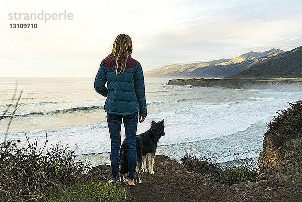 Rückansicht einer Frau mit Hund auf einem Hügel gegen das Meer stehend